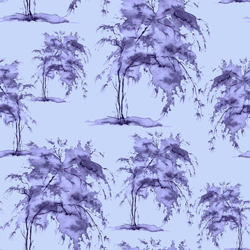 Watercolor seamless pattern, background with vintage pattern. purple, blue bush, tree, beautiful landscape in purple, blue  color. On a blue background. Stylish fashion illustration.