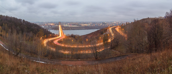Evening view of the way to Molitovsky Bridge in Nizhny Novgorod, Russia