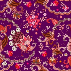 Ethnic buta floral pattern with unusual bird in vector. Mexican, indian, chinese motives.