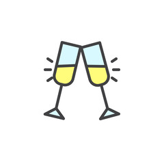 Pair of champagne glass cheers filled outline icon, line vector sign, linear colorful pictogram isolated on white. Glasses of champagne clinking symbol, logo illustration. Vector graphics