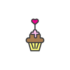 Love cupcake filled outline icon, line vector sign, linear colorful pictogram isolated on white. Cupcake with heart symbol, logo illustration. Pixel perfect vector graphics