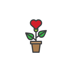 Heart plant in flower pot filled outline icon, line vector sign, linear colorful pictogram isolated on white. Love growth symbol, logo illustration. Pixel perfect vector graphics