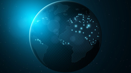 Futuristic planet earth. Blue glow. Space and stars. Big city. Abstract world map. High-tech globe. Vector