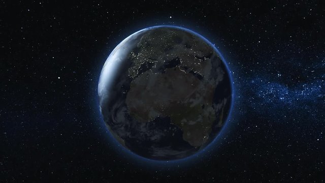 Realistic Earth, rotating in space against the background of the starry sky. Seamless loop with day and night city lights changes. High detailed 4k, 3D Render. Elements of image furnished by NASA