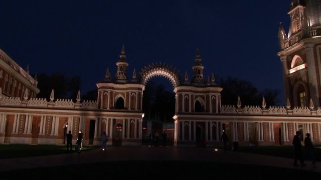 Towers and fortresses of red brick of Tsaritsyno Museum in Moscow at night. Beautiful views of capital of Russia.