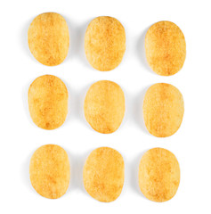 potato chips isolated on white background, flat lay, top view