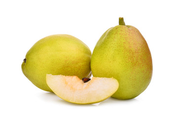 two whole and slice fragrant green pear isolated on white background