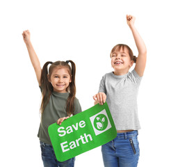 Little girls holding poster on white background. Save Earth concept
