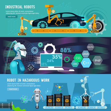 Creation of robots banner. Artificial intelligence, modern technologies microchips development. Car assembly line