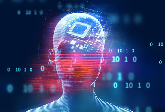 blue digital cyber skull and cpu  3d illustration