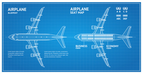 Airplane Blueprint Plan Top View. Vector