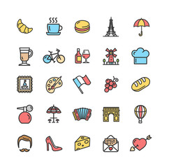 France Travel Signs Color Thin Line Icon Set. Vector