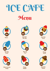 Menu food design for ice cream cafe. Sweet dessert creative decoration. 