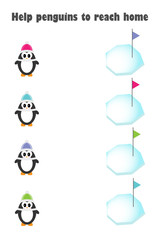 Penguin cartoon style, help to reach home, color of flag on ice floe the same color of hat, education paper game for the development of preschool children, printable worksheet, vector illustration