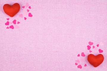 decoration Romantic, St valentine's day concept, Top view of flat lay with valentines mini pin heart with pink rose flower on pink background with copy space minimal style.