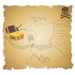 A map of pirate treasures with a treasure. An old pirate treasure map.