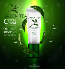 Luxury cosmetic Bottle package skin care cream, Green tea serum, Beauty cosmetic product poster, with Bokeh and Water background