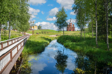 Fototapeta na wymiar Volgoverkhovye Olginsky convent chapel over source Volga river Russia Tver region