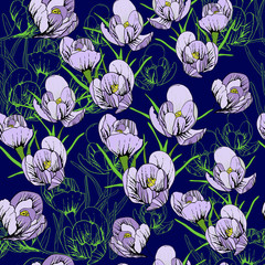 Materiał do szycia illustration of seamless pattern First Snowdrops Galanthus Flowers. Spring background, wallpaper and printable wrapingpaper.