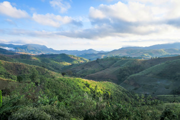 Fototapeta na wymiar Landscape of natural layer mountains range in sunlight