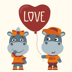Love. Two funny hippo, boy and girl, with balloon-heart. Greeting card for Valentine's day.