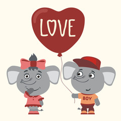 Love. Two funny elephants, boy and girl, with balloon-heart. Greeting card for Valentine's day.