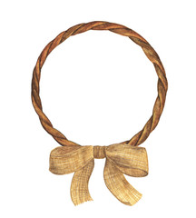 Watercolor painting of Brown Rope frame with burlap bow on white background