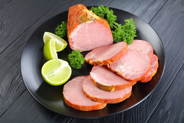 close-up of  ham cut in slices