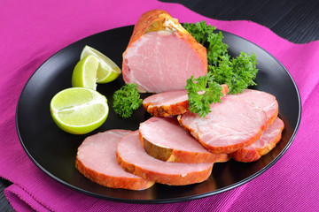close-up of tasty smoked sliced ham