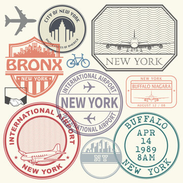 Retro postage USA airport stamps set New York