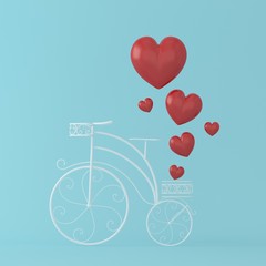 Colorful balloon heart shape hang the white bicycle vintage on pink pastel background. minimal special occasion concept. Idea of love and valentine day.
