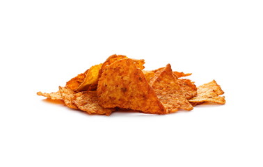 Chili tortilla chips pile isolated on white background