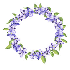 Lilac bellflowers and green leaves garland isolated on white background. Hand drawn watercolor illustration.