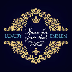 Monogram initials and exclusive calligraphic design elements. Decorative floral border. Heraldic symbols. Gold graceful frame. Vector business sign, identity for hotel, restaurant, jewelry, fashion.