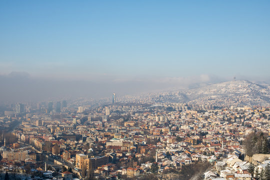 Misty morning in Sarajevo, view from the White Fortress © hardtodigit