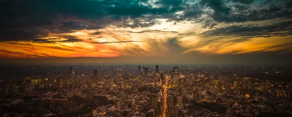 Schilderijen op glas Tokyo zonsondergang luchtfoto panoramisch uitzicht © javarman