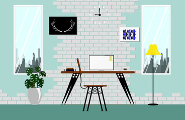 interior in loft space with  white vintage brick wall color sky. Modern cozy workspace with wooden table laptop lamp clock vector illustration.