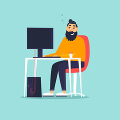Happy businessman sitting at computer. Programmer, business analysis, design, strategy. Flat design vector illustration.