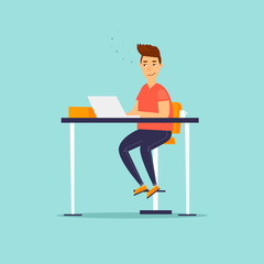 Character. Young man working on the computer programmer, business analysis, design, strategy. Workplace. Office life. Flat design vector illustration.