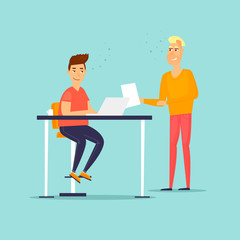 Business characters. Co working people, meeting, teamwork, collaboration and discussion, conference table, brainstorm. Workplace. Office life. Flat design vector illustration.