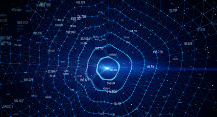 Block chain network/Blockchain network concept , Distributed register technology , Block chain text and computer connection with blue background