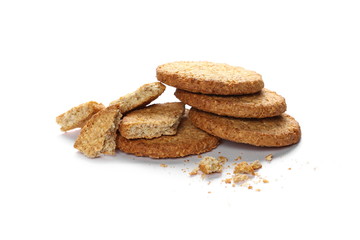 Round broken integral, wholewheat biscuits with coconut isolated on white background