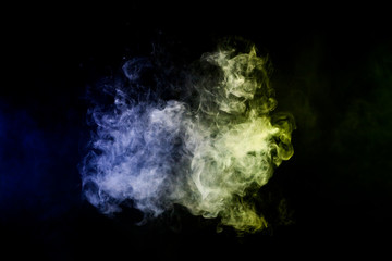 Cloud of smoke of blue and green isolated background. Background from the smoke of vape