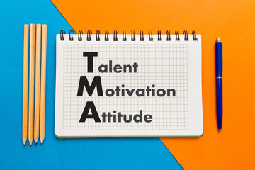 Talent, Motivation, Einstellung notes in a notebook on a geometric background. The concept of motivation talent