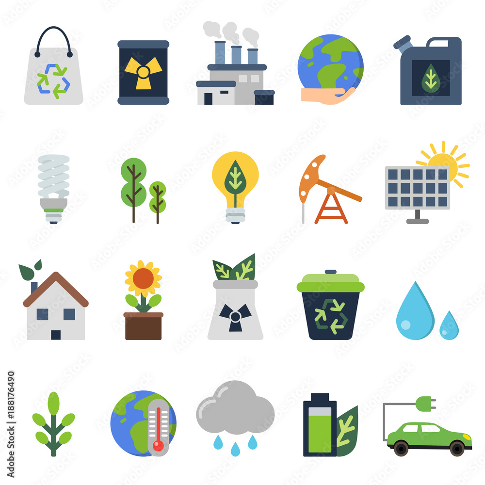 Poster Vector icons set on ecology theme. Green life elements