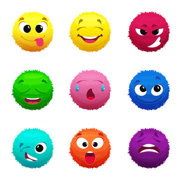 Funny furry faces of monsters. Puffy balls of different colors