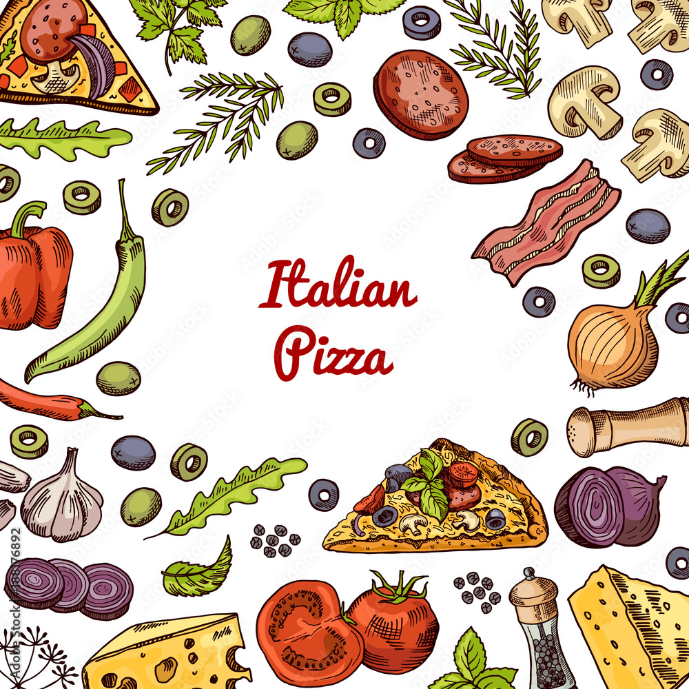 Poster vector hand drawn pizza ingridients and spices background with empty space in center for text