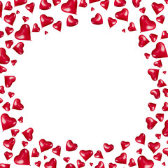 Frame made of red hearts shaped balloons on white background, isolated. Love or Valentines day concept