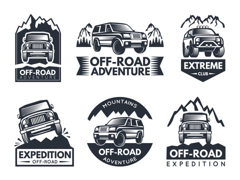 Monochrome labels set with suv cars