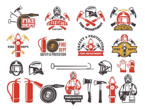 Colored badges for firefighter department. Symbols set of emergency protection isolated on white